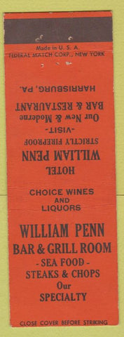 Matchbook Cover - William Penn Bar Grill Harrisburg PA Hotel Federal