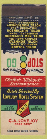 Matchbook Cover Lovejoy Hotels Nashville TN Clarksville Hollywood FL Harrisburg