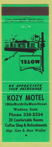 Matchbook Cover - Kozy Motel Wadena SK green