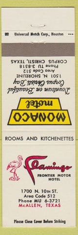Matchbook Cover - Monaco Motel Flamingo Hotel McAllen TX Corpus Christi