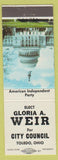 Matchbook Cover - Gloria Weir City Council Election Toledo OH