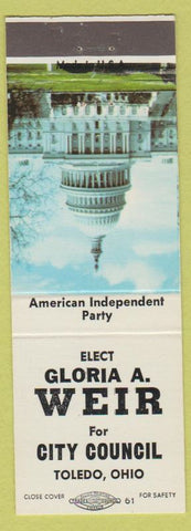 Matchbook Cover - Gloria Weir City Council Election Toledo OH