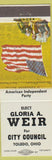 Matchbook Cover - Gloria Weir City Council election Toledo OH