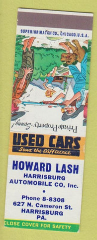Matchbook Cover - Howard Lash Used Cars Harrisburg PA Hillbilly Private Property