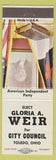 Matchbook Cover - Gloria Weir City Council election Toledo OH George Washington