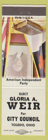 Matchbook Cover - Gloria Weir City Council election Toledo OH George Washington