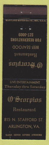 Matchbook Cover - O Scorpios Restaurant Arlington VA