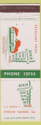 Matchbook Cover - Dixie Restaurant Steeles Tavern VA WORN BACK
