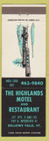 Matchbook Cover - Highlands Motel Restaurant Bellows Falls VT