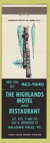 Matchbook Cover - Highlands Motel Restaurant Bellows Falls VT