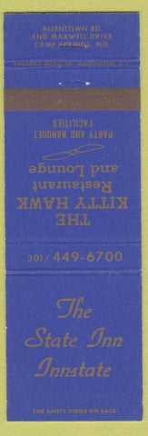 Matchbook Cover - State Inn Innstate Camp Springs MD Kitty Hawk Restaurant