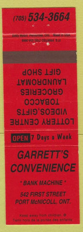 Matchbook Cover - Garrett's Convenience Store Port McNicoll ON red