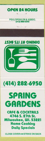 Matchbook Cover - Spring Gardens Cafe Milwaukee WI