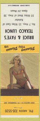 Matchbook Cover - Bruce Faye's Texaco oil gas Kaladar ON pinup yellow band
