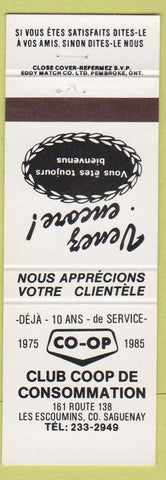 Matchbook Cover - Club COOP Agriculture 1985 Saguenay QC white