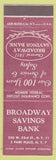 Matchbook Cover - Broadway Savings Bank NYC #2