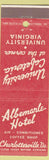 Matchbook Cover - University Cafeteria Albemarle Hotel Charlottesville VA