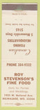 Matchbook Cover - Roy Stevenson's Fine Food Milwaukee WI