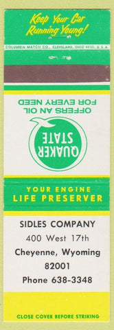 Matchbook Cover - Quaker State oil gas Sidles Cheyenne WY