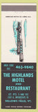Matchbook Cover - Highlands Motel Restaurant Bellows Falls VT