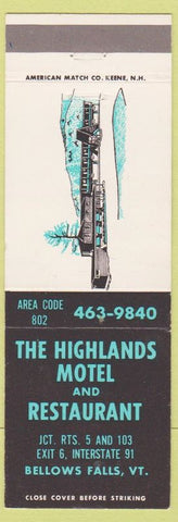 Matchbook Cover - Highlands Motel Restaurant Bellows Falls VT
