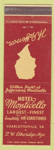 Matchbook Cover - Hotel Monticello Charlottesville VA Thomas Jefferson