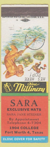 Matchbook Cover - Sara Hats Fort Worth TX monkey