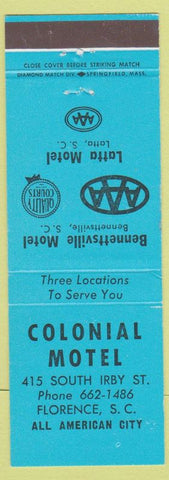 Matchbook Cover - Colonial Motel Florence SC Latta Bennettsville
