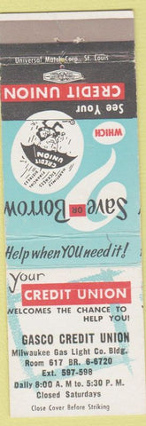 Matchbook Cover - Gasco Credit Union Milwaukee Gas Light WI