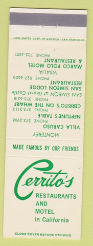 Matchbook Cover - Cerrito's Restaurants Motel CA Visalia Monterey