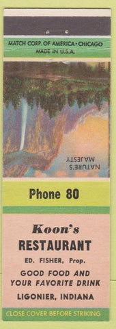Matchbook Cover - Koon's Restaurant Ligonier IN low phone # Nature's Majesty