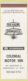 Matchbook Cover - Colonial Motor Inn Burlington VT