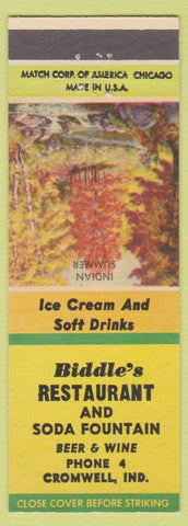 Matchbook Cover - Biddle's Restaurant Cromwell IN low phone Indian Summer