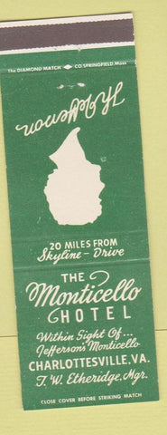 Matchbook Cover Monticello Hotel Charlottesville VA Thomas Jefferson Silhouette