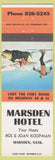 Matchbook Cover - Marsden Hotel Marsden SK