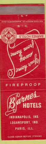 Matchbook Cover - Barnes Hotels Paris IL Indianapolis Logansport IN