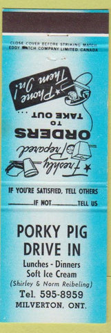 Matchbook Cover - Porky Pig Drive In Milverton ON blue