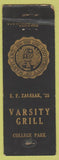 Matchbook Cover - Varsity Grill University of Maryland MD College Park WORN