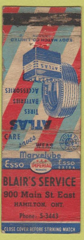 Matchbook Cover - Atlas Tires Blair's Service Hamilton ON POOR