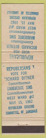 Matchbook Cover - Republicans Richard Bitner Margeurite Sims Lansdale PA 1962