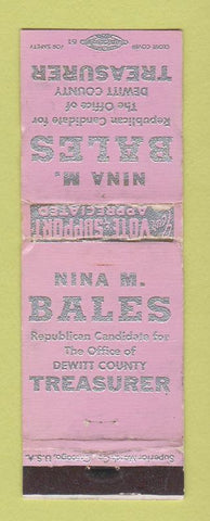 Matchbook Cover - Nina Bales Dewitt County Treasurer IL WORN
