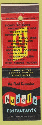 Matchbook Cover - Huddle Restaurants CA Arcadia Long Beach West Covina
