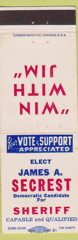 Matchbook Cover - James Seacrest Sheriff Election Democrat