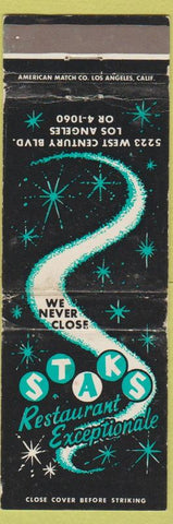 Matchbook Cover - Staks Restaurant Los Angeles CA