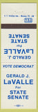 Matchbook Cover - Gerald J LaValle State Senate Democrat Rochester PA