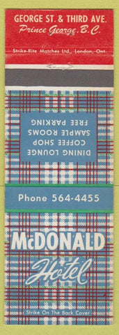 Matchbook Cover - McDonald Hotel Prince George BC