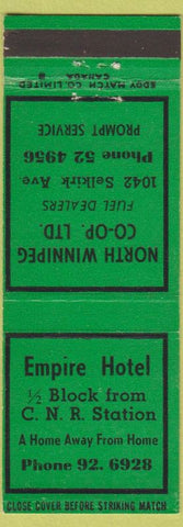 Matchbook Cover - North Winnipeg COOP oil gas Empire Hotel MB green