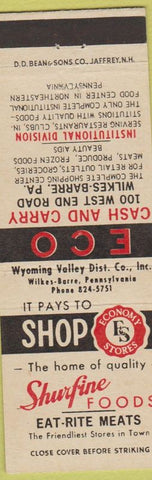 Matchbook Cover - Shurfine Foods Meats Wilkes Barre PA Wyoming Valley