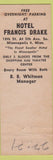 Matchbook Cover - Hotel Francis Drake Minneapolis MN Match Corp