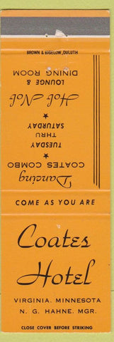 Matchbook Cover - Coates Hotel Virginia MN